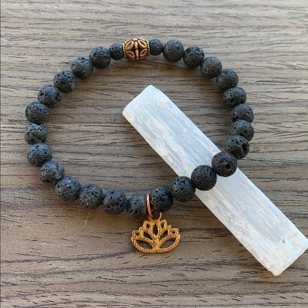 Raw Black Lava Rock Lotus Pendant Bracelet